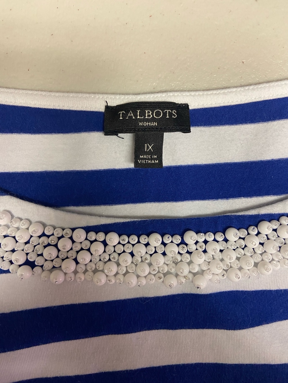 Talbots White and Royal Blue Striped Short Sleeve Top with Beaded Collar - Picture 4 of 7
